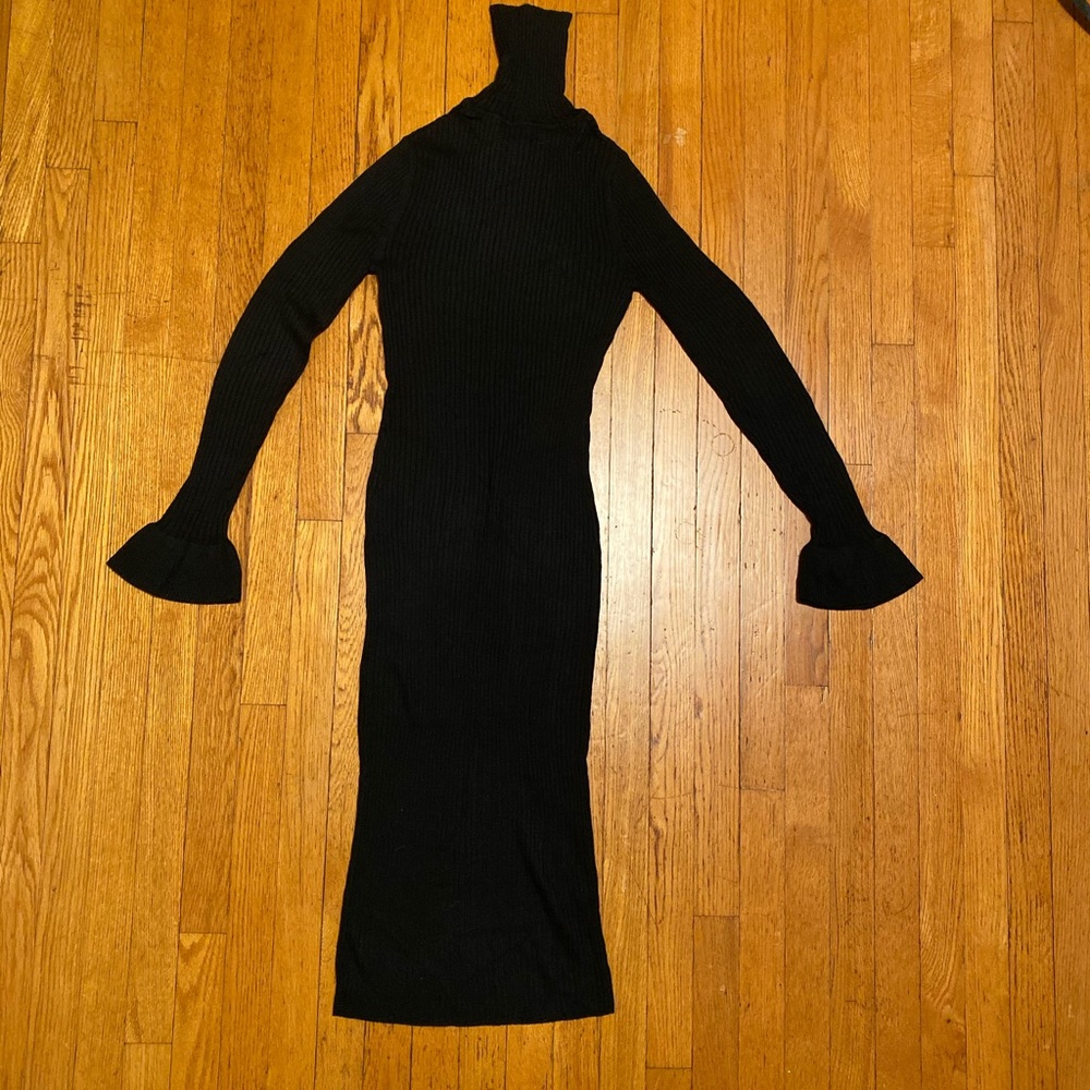 Turtle neck sweater dress with trumpet sleeves